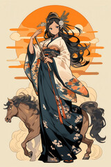 馬に乗る着物を着た女性のイラスト