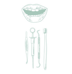Set of original hand-drawn illustrations of teeth and dental instruments in a minimalist style. illustrations for posters, cards, dental clinics, and graphic design.