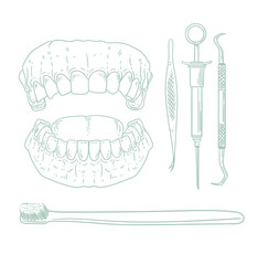 Set of original hand-drawn illustrations of teeth and dental instruments in a minimalist style. illustrations for posters, cards, dental clinics, and graphic design.