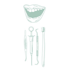 Set of original hand-drawn illustrations of teeth and dental instruments in a minimalist style. illustrations for posters, cards, dental clinics, and graphic design.