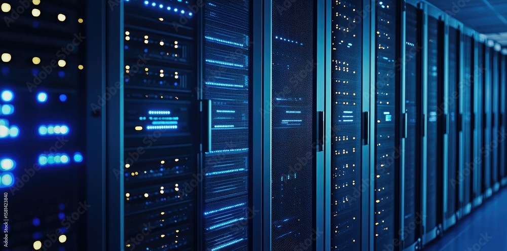 Aufkleber rows of modern server racks with glowing blue led indicators in a data center corridor, ideal for cl