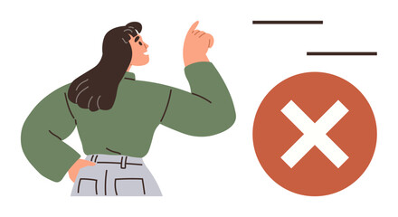 Woman pointing toward a red cross circle, symbolizing mistake correction or rejection. Ideal for teamwork, decisions, leadership, feedback, problem-solving, rejection empowerment. Simple flat