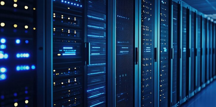 Rows of modern server racks with glowing blue LED indicators in a data center corridor, ideal for cloud technology, networking infrastructure, and IT security visuals