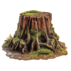 realistic forest tree stump with textured bark and mossy roots isolated on transparent background