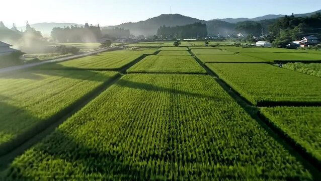 Aerial view of a vibrant green rice field in a rural landscape.