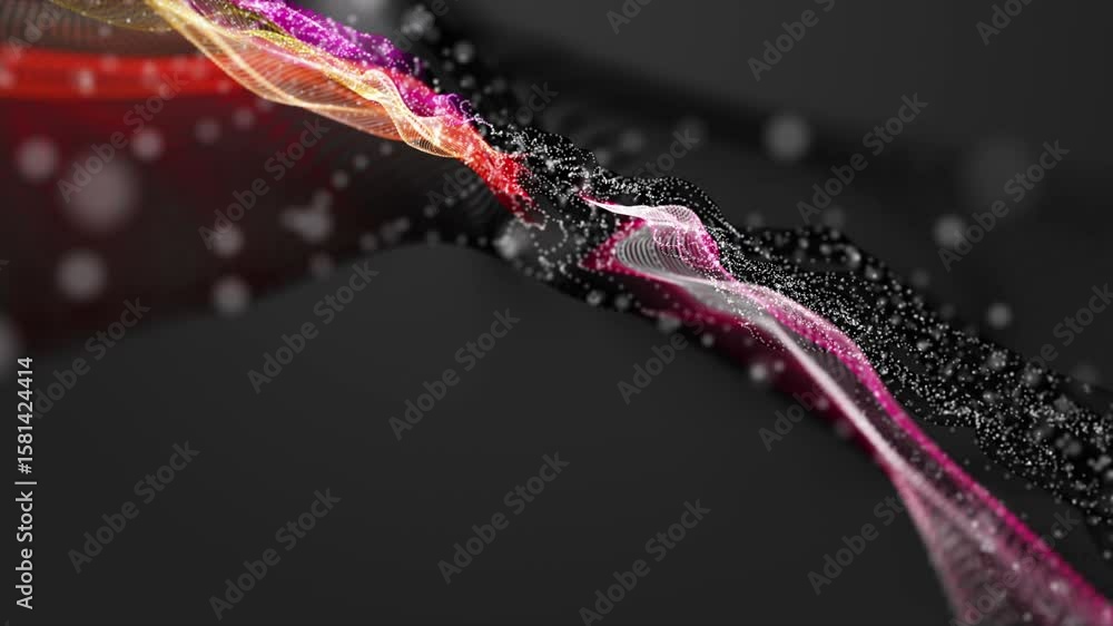Poster fantastic video animation with particle wave object in slow motion, 4096x2304 loop 4k