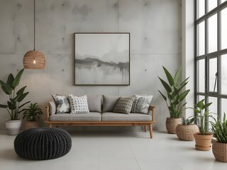 Contemporary living space with a gray sofa, concrete walls, indoor plants, and minimalist artwork in natural light

