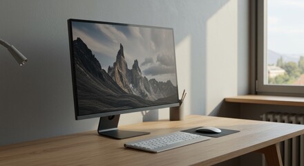 Modern desk setup with computer monitor and window view