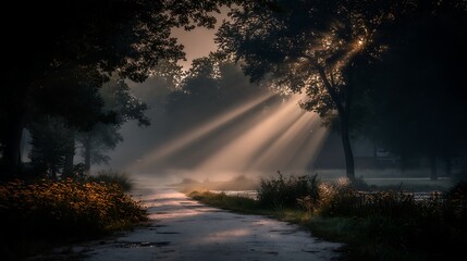 Sunlight Through Trees on Misty Road