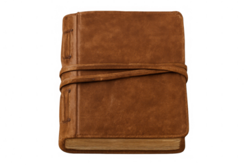 Vintage leather journal with wraparound closure, positioned on transparent surface, highlighting craftsmanship for creative professionals