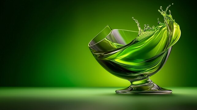 A tilted glass with bright green liquid splashing, set against a gradient green background.