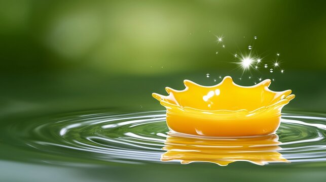 A vibrant splash of orange liquid creates a crown-like shape on a tranquil water surface, surrounded by a blurred green background.
