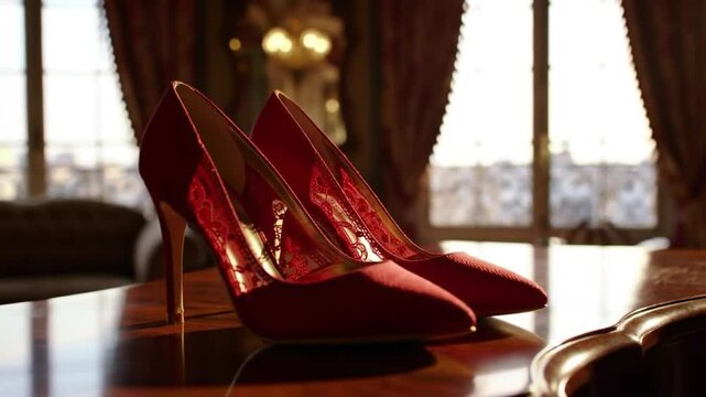 Elegant Red High Heels on a Glossy Table in a Luxurious Room with Natural Light