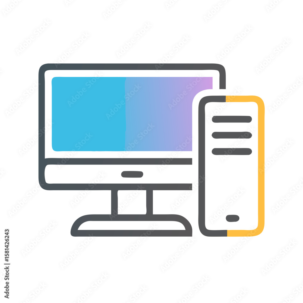 Poster desktop computer vector illustration with colorful screen on black background