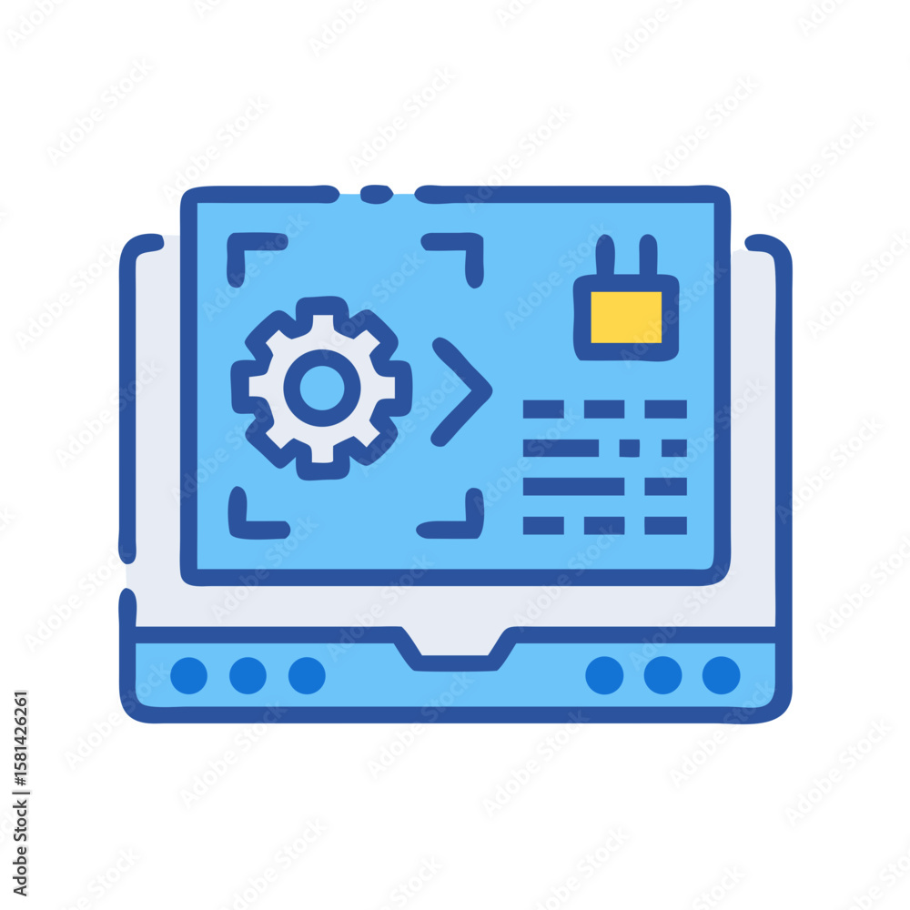 Poster laptop with gear and code: software development, coding, and programming concept