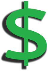 A green dollar symbol with soft shadow on white background. Minimalist finance or economy-themed design suitable for business, banking, or money-related visuals.