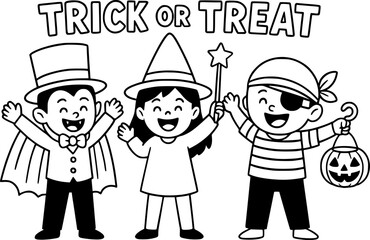 Three kids in Halloween costumes, ready for trick-or-treating.