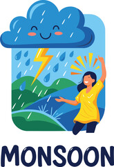 Delightful EPS vector of a smiling cloud and happy girl enjoying monsoon rain&mdash;great for seasonal ads, kids&rsquo; art & more. Download now and spread the joyful spirit of monsoon! 🌧️💛