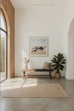 Bright minimalist interior with natural wooden bench, potted plant, round rug, and framed beach photo against a white wall

