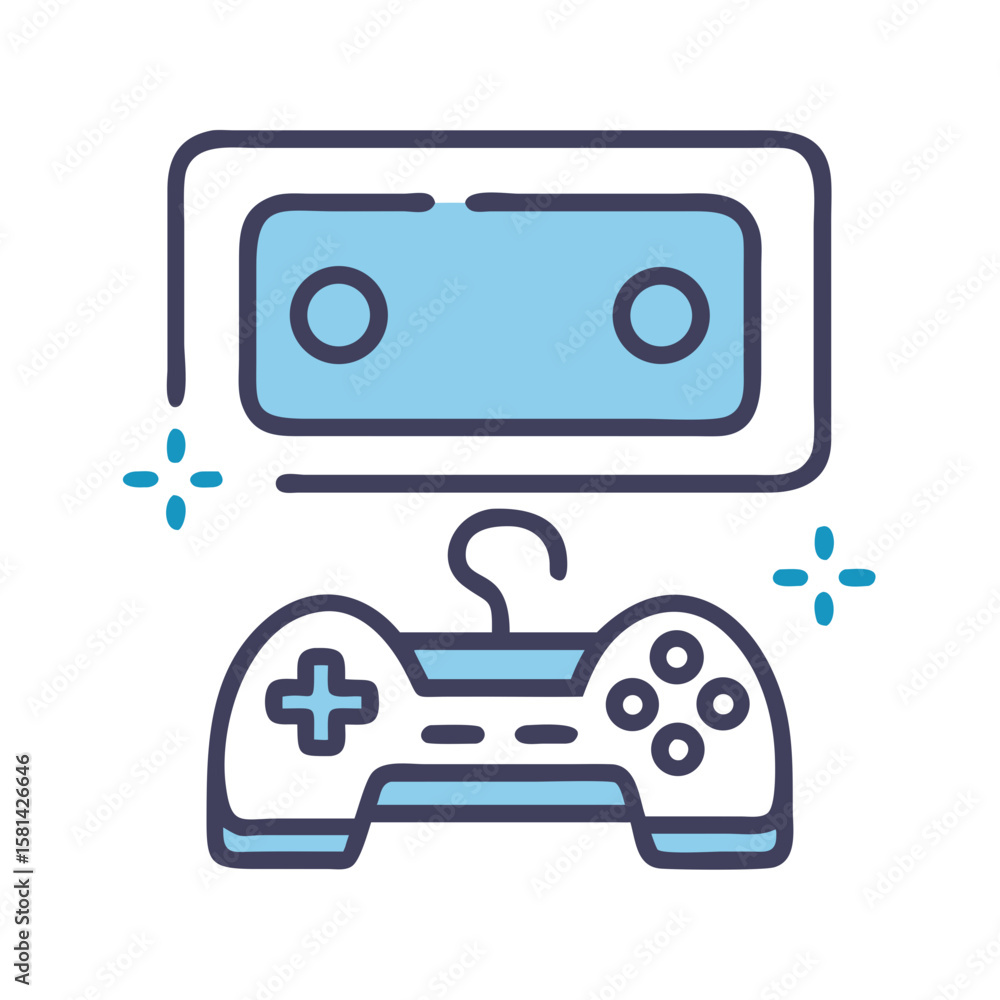 Poster retro video game console and controller icon on black background