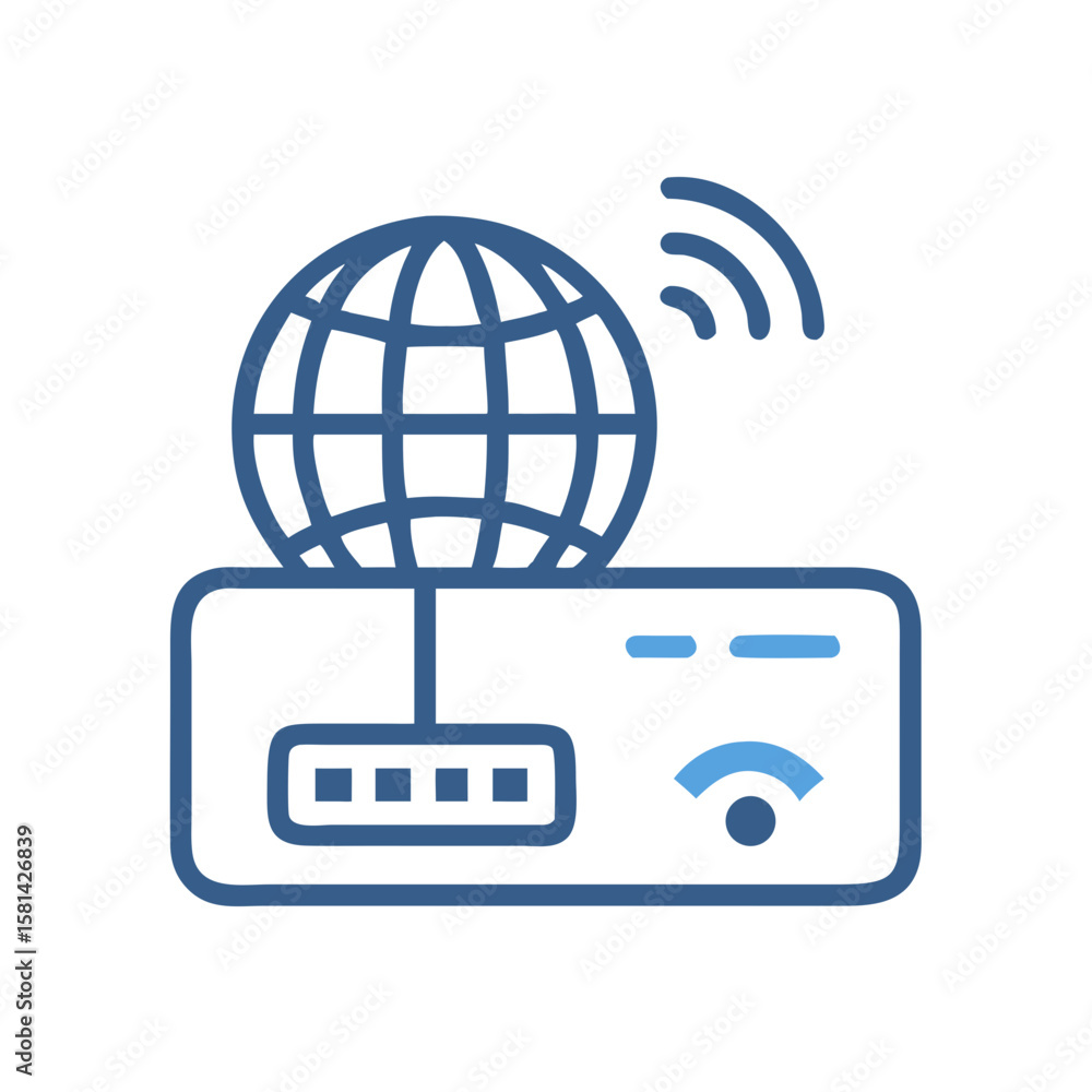 Poster global network connection: router with globe and wireless signal icon