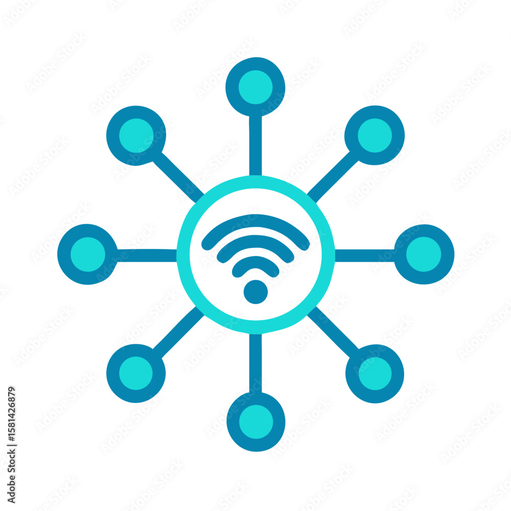 Poster blue wifi symbol network with connected nodes on black background