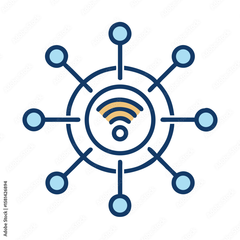 Poster decentralized network icon: wireless connection and network nodes on black background