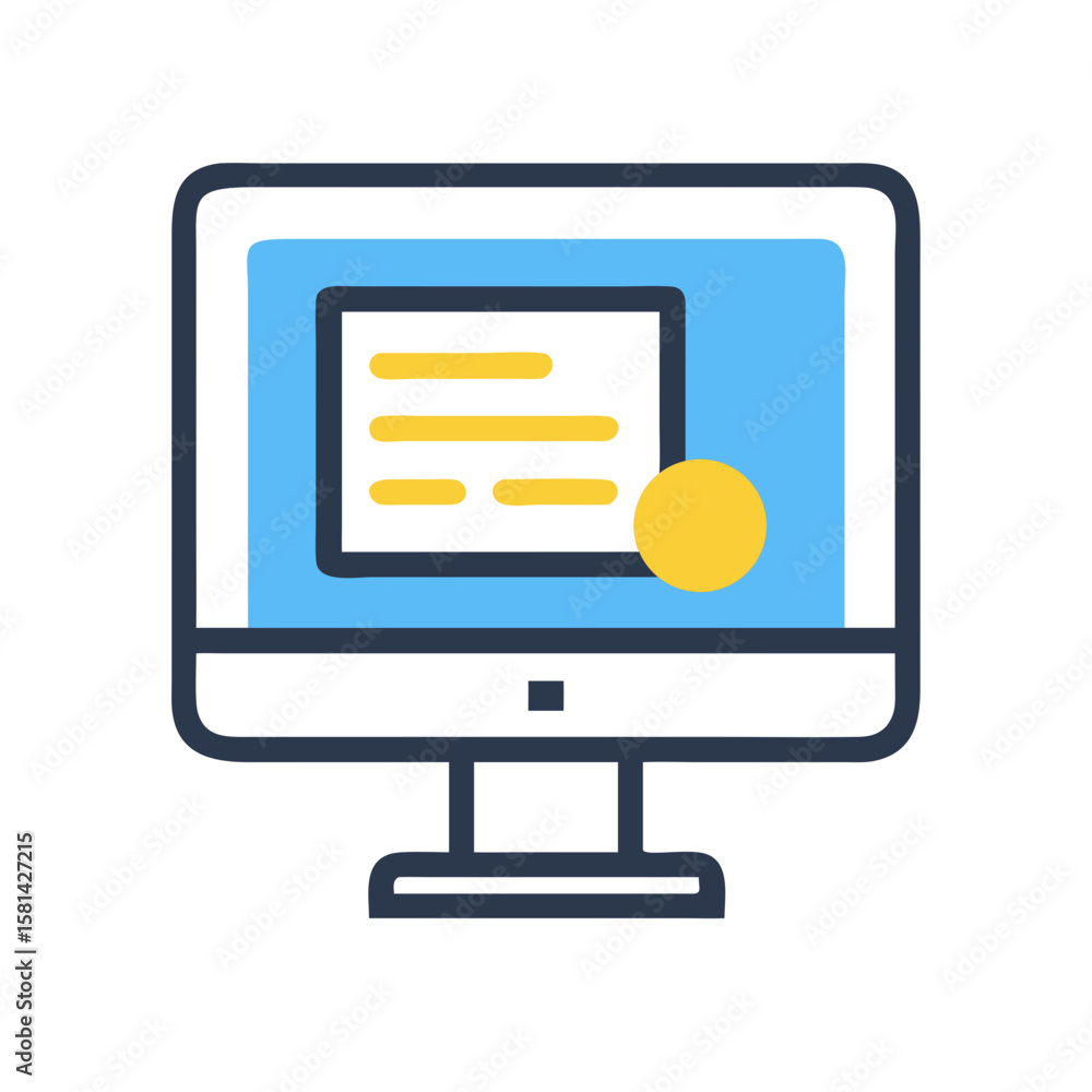 Poster computer monitor with document and notification icon - minimalist vector illustration