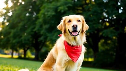 "Charming Golden Retriever in a Red Bandana – A Serene Park Portrait"