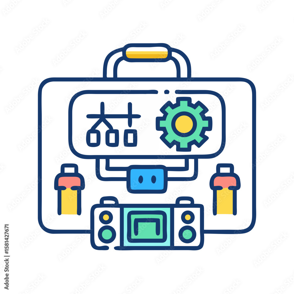 Poster open briefcase with tools and screen icon on black background