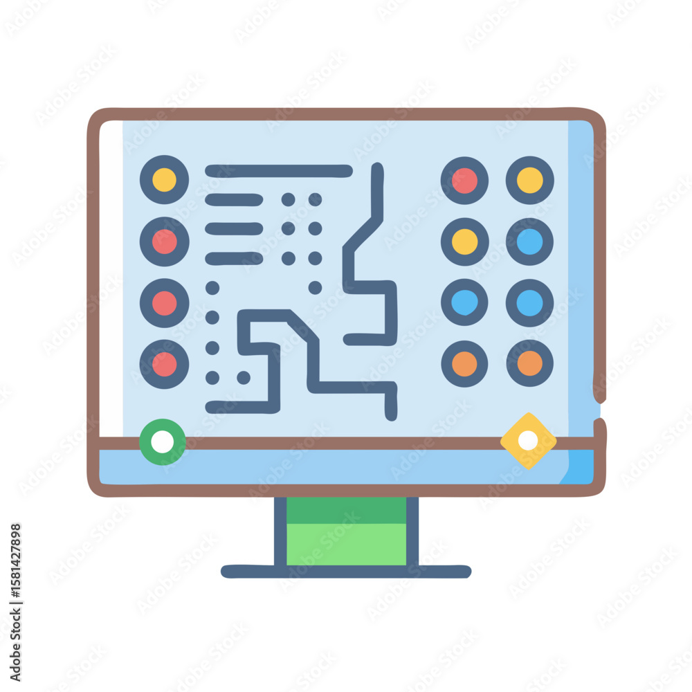 Poster computer screen displaying circuit board design or schematic visualization icon