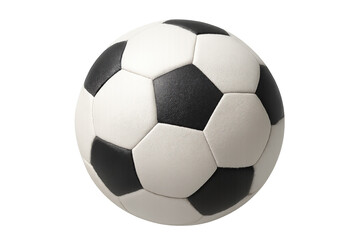 Obraz premium Black and white soccer ball with pentagon and hexagon pattern, isolated on a transparent background, emphasizing its classic design