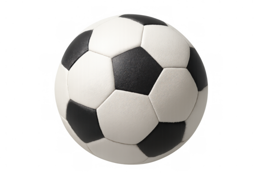 Black and white soccer ball with pentagon and hexagon pattern, isolated on a transparent background, emphasizing its classic design