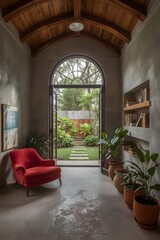 Cozy Mediterranean-style interior with arched glass doors, warm wooden ceiling, houseplants, and sunlit patio garden view

