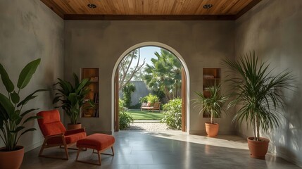 Cozy Mediterranean-style interior with arched glass doors, warm wooden ceiling, houseplants, and sunlit patio garden view

