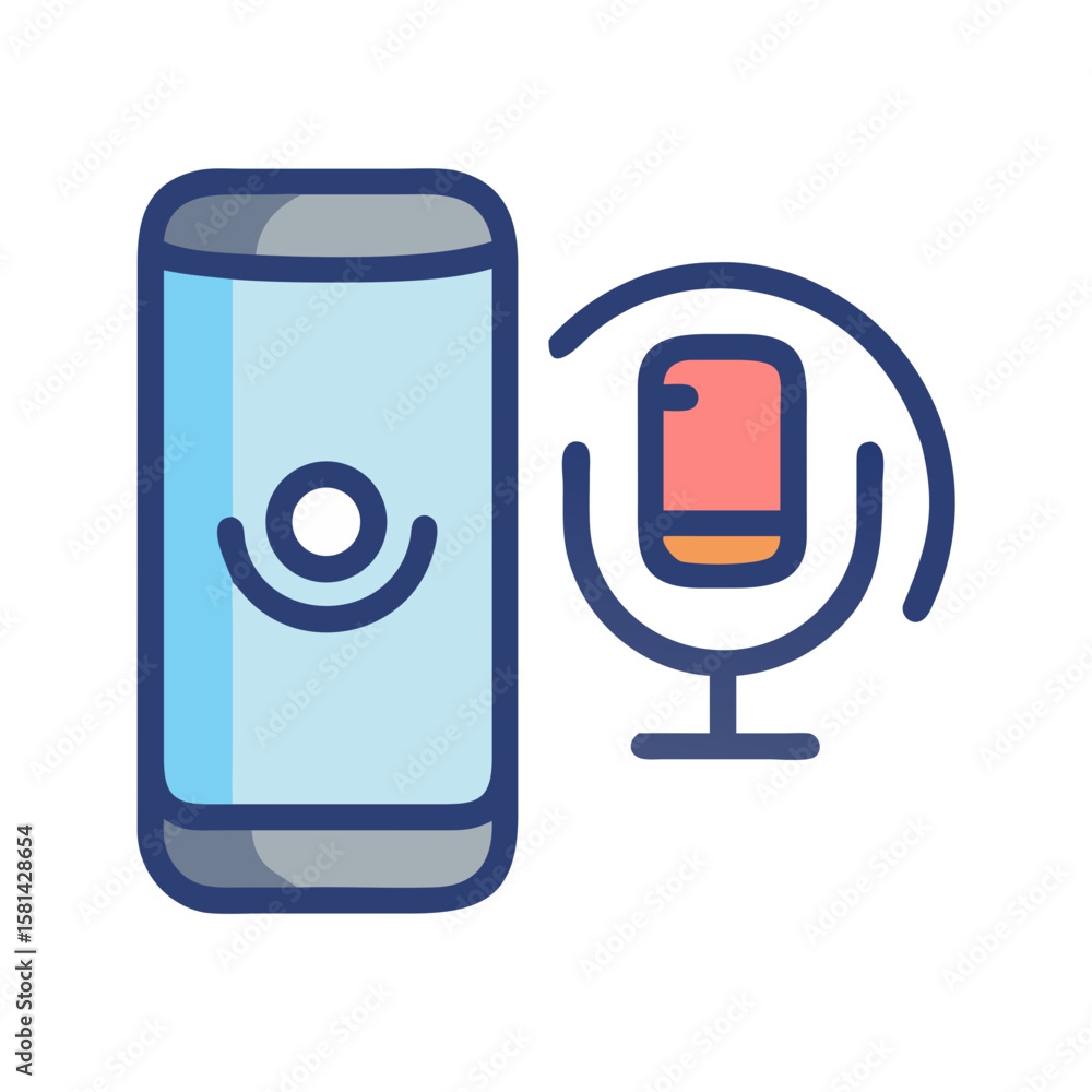 Poster voice assistant app or recording icon with phone and microphone.