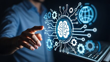 Man interacts with futuristic digital brain and network interface on dark background