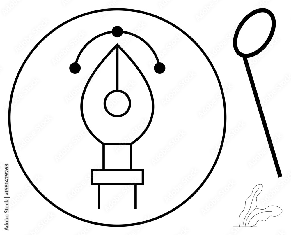 Poster pen tool inside a circle with adjustable points and curves, magnifying glass, and leaf elements. ide