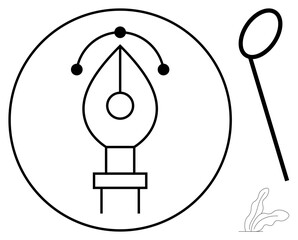 Fototapeta premium Pen tool inside a circle with adjustable points and curves, magnifying glass, and leaf elements. Ideal for creativity, design, technology, precision, innovation education branding. Simple flat