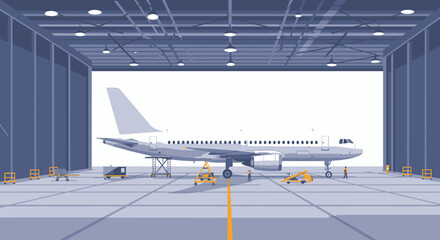 Fototapeta premium Aircraft Maintenance: Passenger Plane Inside Hangar with Support Equipment and Personnel.