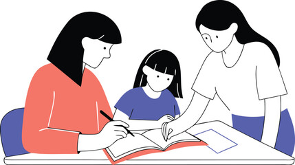 Fototapeta premium A heartwarming scene depicting a dedicated teacher and a student diligently working on their homework with a supportive mother offering assistance and guidance in a warm educational setting