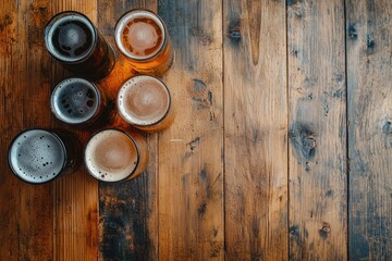 Fototapeta premium Top-down view of six assorted craft beer glasses with rich foam on rustic wooden table, ideal for brewery menus, tasting events, and seasonal drink promotions