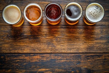 Top-down view of five different craft beer glasses on rustic wood table with rich colors and foam, ideal for brewery menus, bar promotions, and seasonal drink features