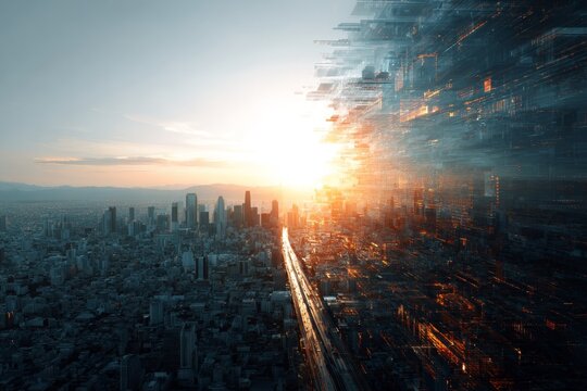 Cityscape with digital data streams and ai elements. Testing redefined. Ai transforms testing into agile, intelligent process. Tech innovation. Modern testing.