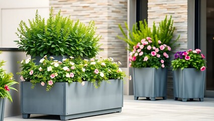 "Modern Terrace Design with Big Gray Metal Planters and Lush Foliage"