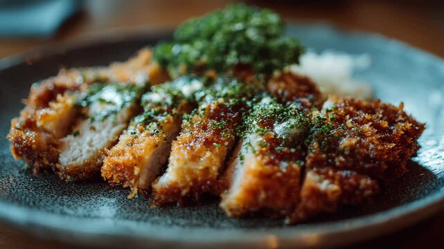 beef pork meat katsu, fried meat with rice on a plate