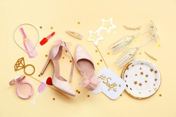 High heels with decor for Hen Party on beige background