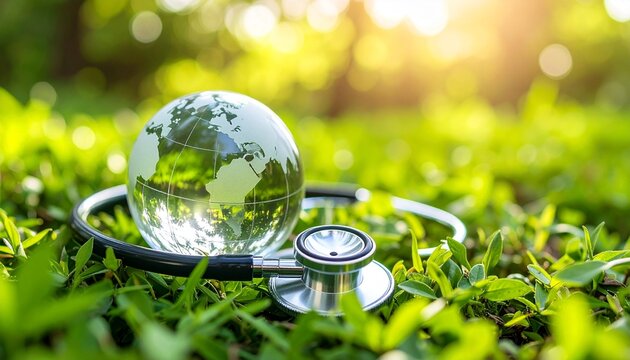 Glass globe with continents illustration, stethoscope nestled in green foliage. Concept of environmental health care eco-medical awareness in natural environment. Sustainable, green, organic