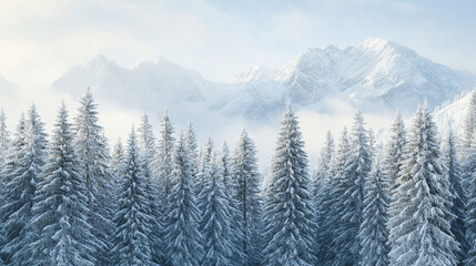 winter pine forest with mountain background covered in pristine white snow