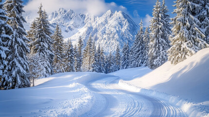 scenic winter pine forest background covered in pristine white snow. tranquil and beautiful atmosphere